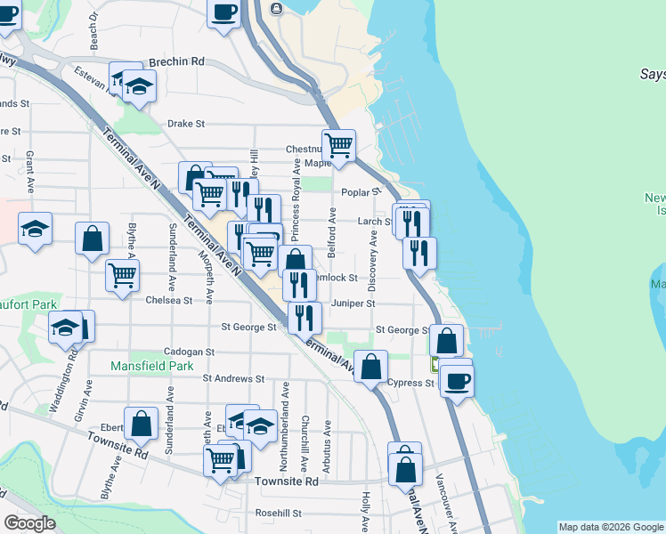 map of restaurants, bars, coffee shops, grocery stores, and more near 1330 Belford Avenue in Nanaimo