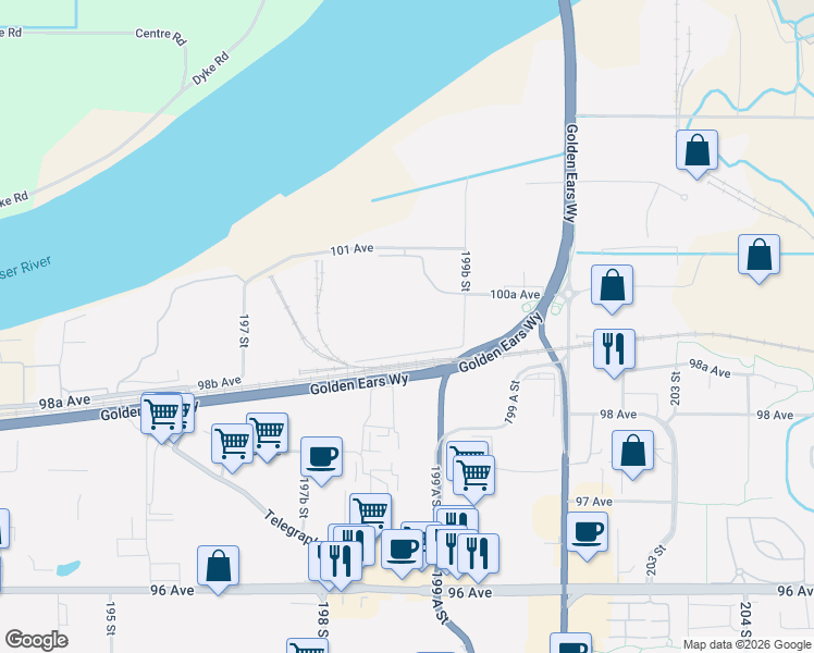 map of restaurants, bars, coffee shops, grocery stores, and more near 9975 199B Street in Langley Township