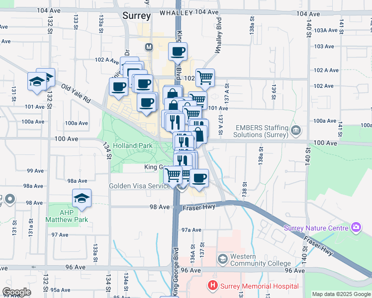 map of restaurants, bars, coffee shops, grocery stores, and more near 13618 100 Avenue in Surrey