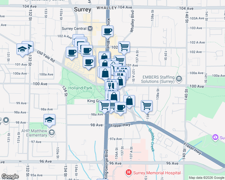 map of restaurants, bars, coffee shops, grocery stores, and more near 13618 100 Avenue in Surrey