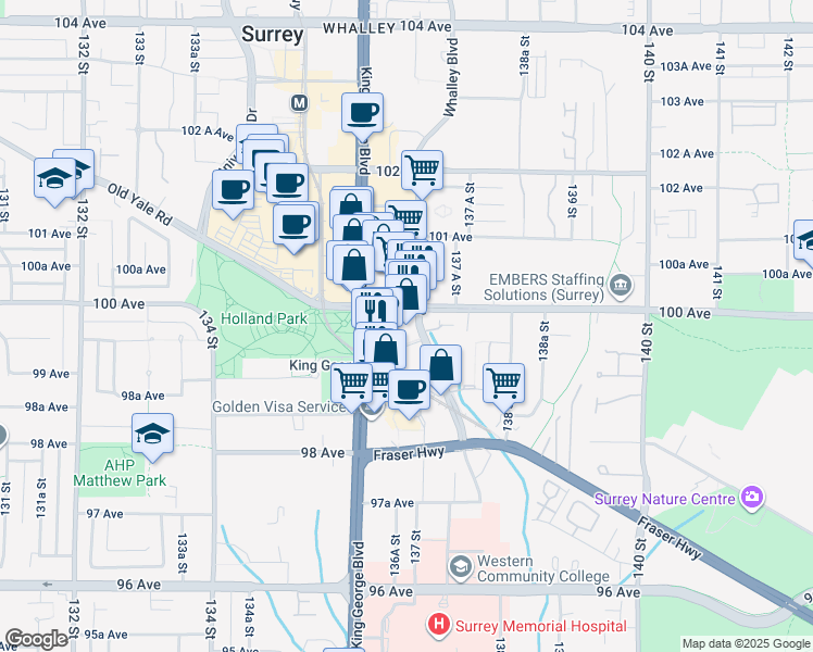 map of restaurants, bars, coffee shops, grocery stores, and more near 13688 100 Avenue in Surrey