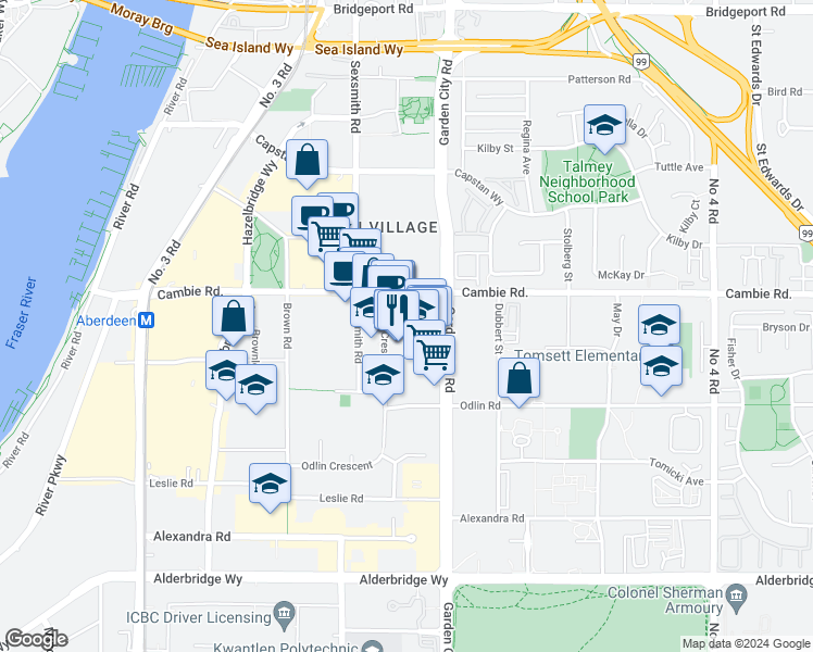 map of restaurants, bars, coffee shops, grocery stores, and more near 8888 Odlin Crescent in Richmond