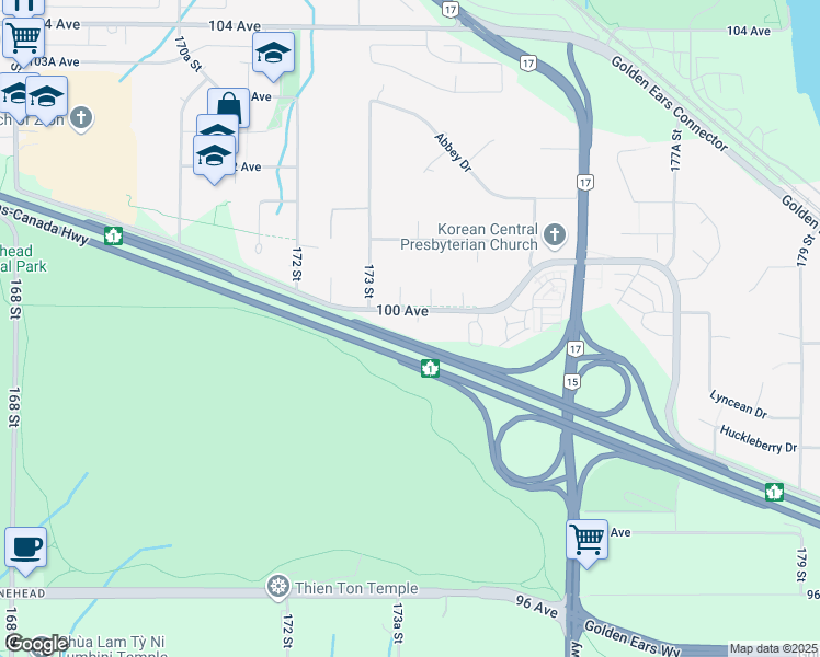 map of restaurants, bars, coffee shops, grocery stores, and more near 9975 173B Street in Surrey