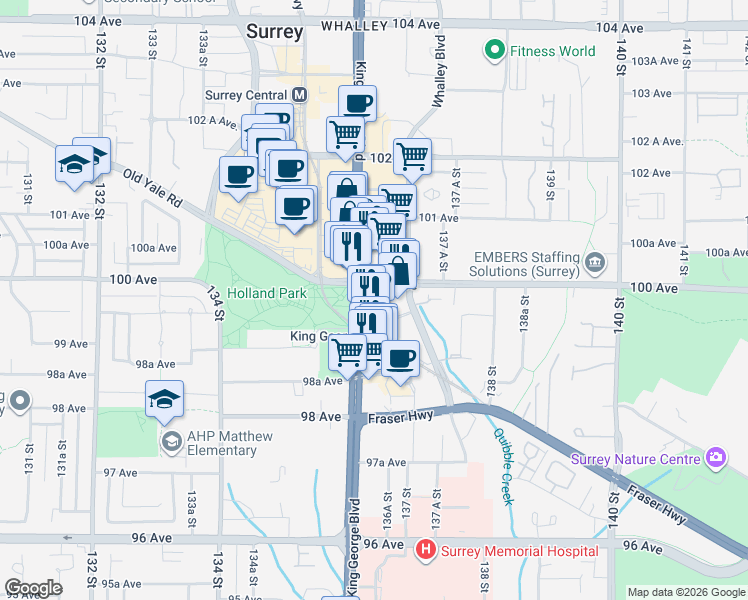 map of restaurants, bars, coffee shops, grocery stores, and more near 13618 100 Avenue in Surrey