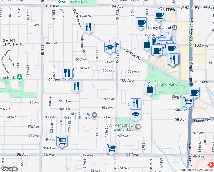 map of restaurants, bars, coffee shops, grocery stores, and more near 13155 99A Avenue in Surrey