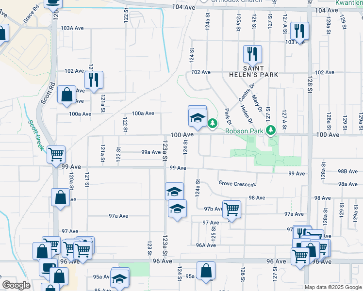 map of restaurants, bars, coffee shops, grocery stores, and more near 9969 124 Street in Surrey