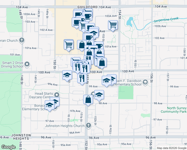 map of restaurants, bars, coffee shops, grocery stores, and more near 15238 100 Avenue in Surrey