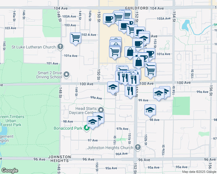 map of restaurants, bars, coffee shops, grocery stores, and more near 9979 151 Street in Surrey