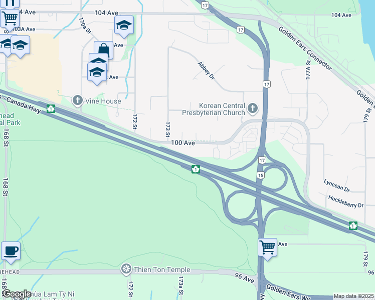 map of restaurants, bars, coffee shops, grocery stores, and more near 9975 173B Street in Surrey