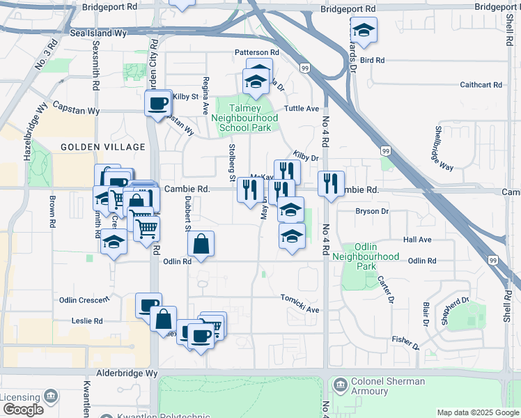map of restaurants, bars, coffee shops, grocery stores, and more near 4033 May Drive in Richmond
