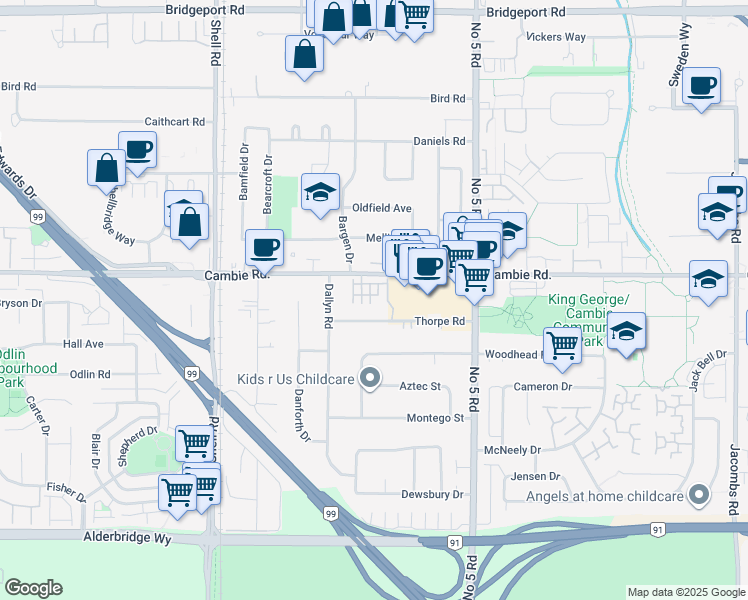 map of restaurants, bars, coffee shops, grocery stores, and more near 11571 Thorpe Road in Richmond