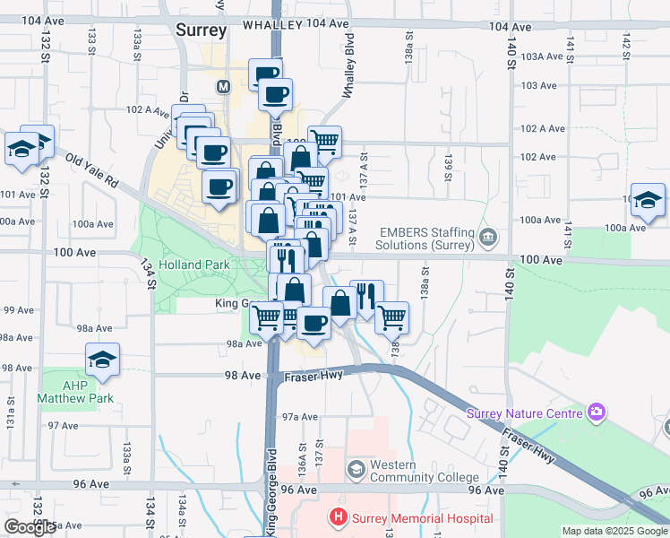 map of restaurants, bars, coffee shops, grocery stores, and more near 13696 100 Avenue in Surrey