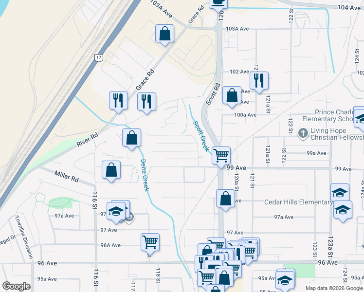 map of restaurants, bars, coffee shops, grocery stores, and more near 11875 99A Avenue in Surrey