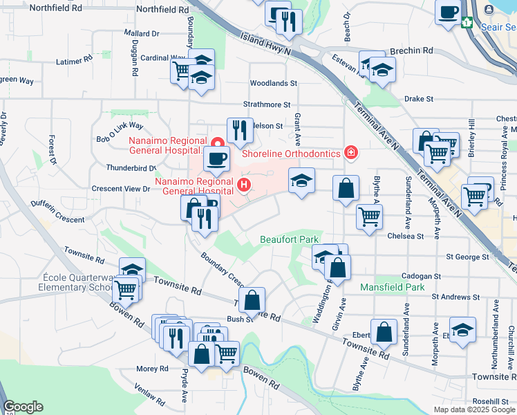 map of restaurants, bars, coffee shops, grocery stores, and more near 1145 Dufferin Crescent in Nanaimo