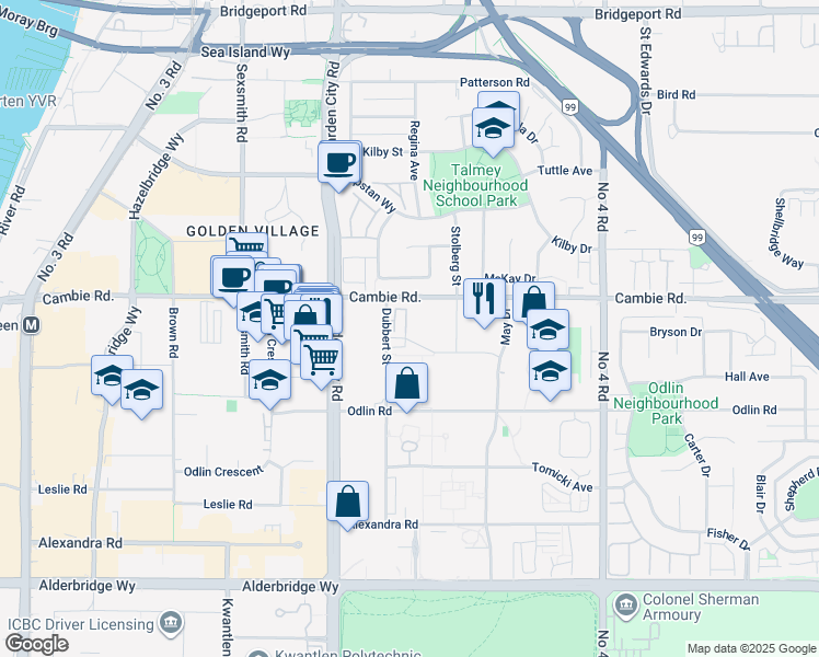 map of restaurants, bars, coffee shops, grocery stores, and more near 9211 McKim Way in Richmond