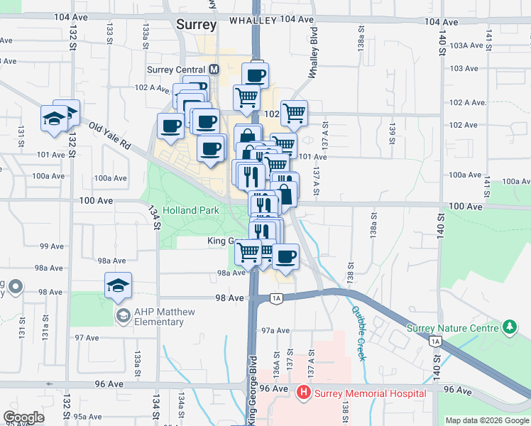 map of restaurants, bars, coffee shops, grocery stores, and more near 13618 100 Avenue in Surrey