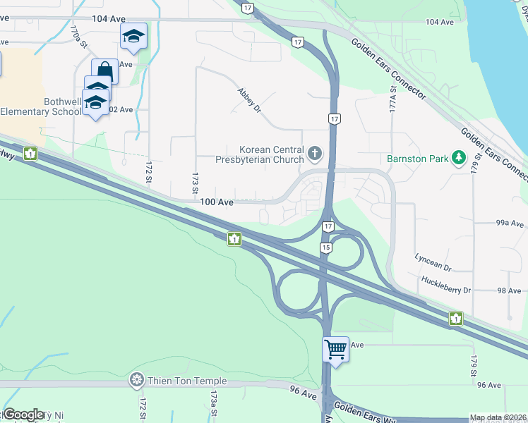 map of restaurants, bars, coffee shops, grocery stores, and more near 17458 100 Avenue in Surrey