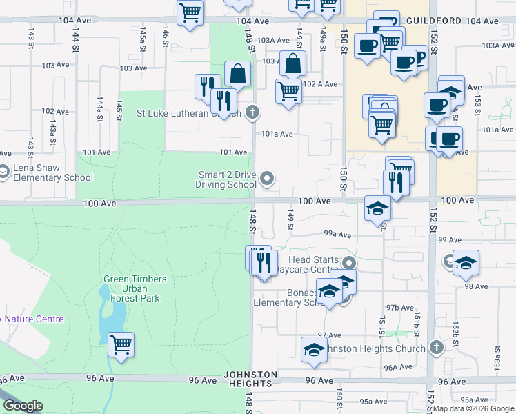 map of restaurants, bars, coffee shops, grocery stores, and more near in Surrey