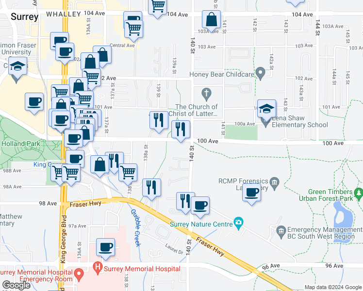 map of restaurants, bars, coffee shops, grocery stores, and more near 9979 140 Street in Surrey