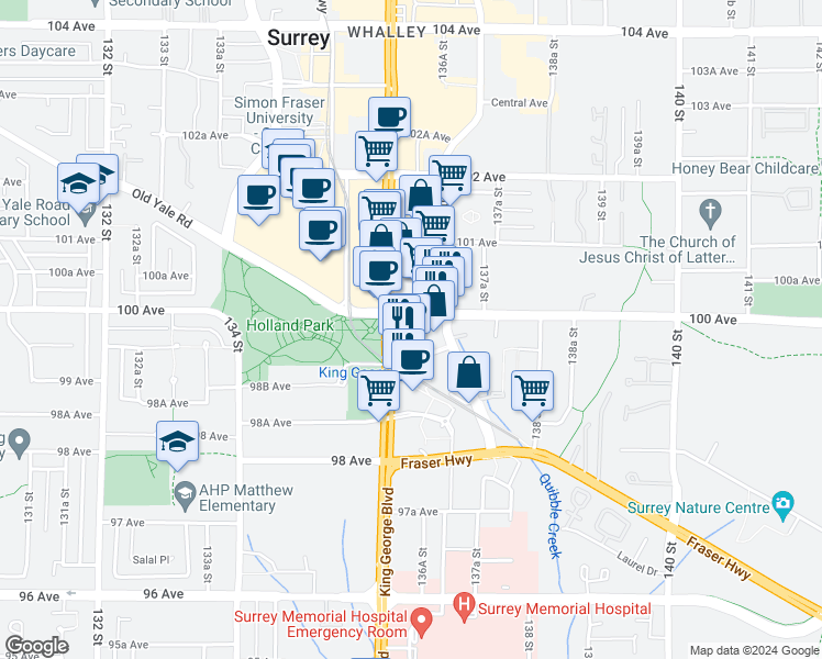 map of restaurants, bars, coffee shops, grocery stores, and more near 13618 100 Avenue in Surrey