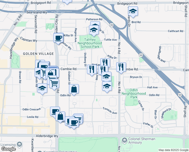 map of restaurants, bars, coffee shops, grocery stores, and more near 4033 May Drive in Richmond