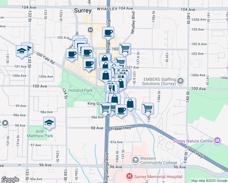 map of restaurants, bars, coffee shops, grocery stores, and more near 9157 134b St in Surrey