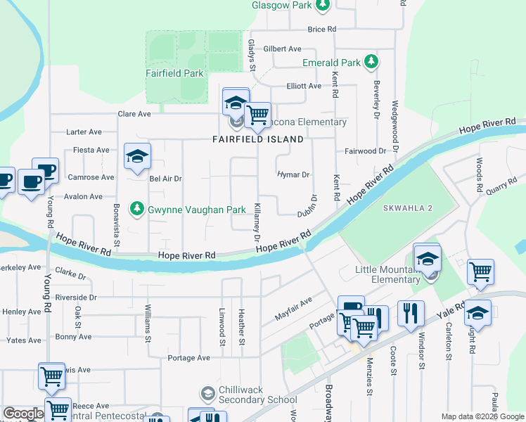 map of restaurants, bars, coffee shops, grocery stores, and more near 10006 Killarney Drive in Chilliwack