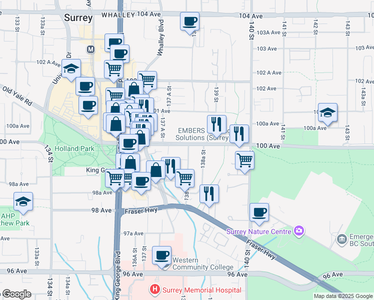 map of restaurants, bars, coffee shops, grocery stores, and more near 9977 138 Street in Surrey