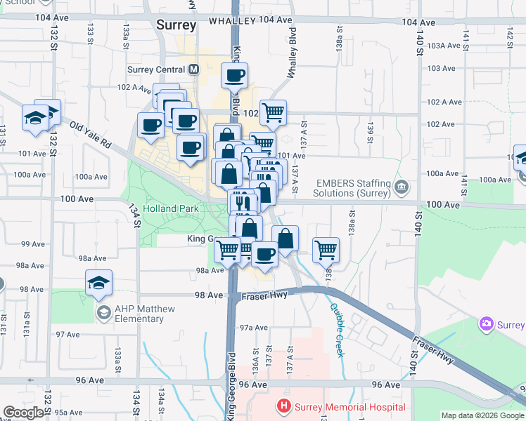 map of restaurants, bars, coffee shops, grocery stores, and more near 13688 100 Avenue in Surrey
