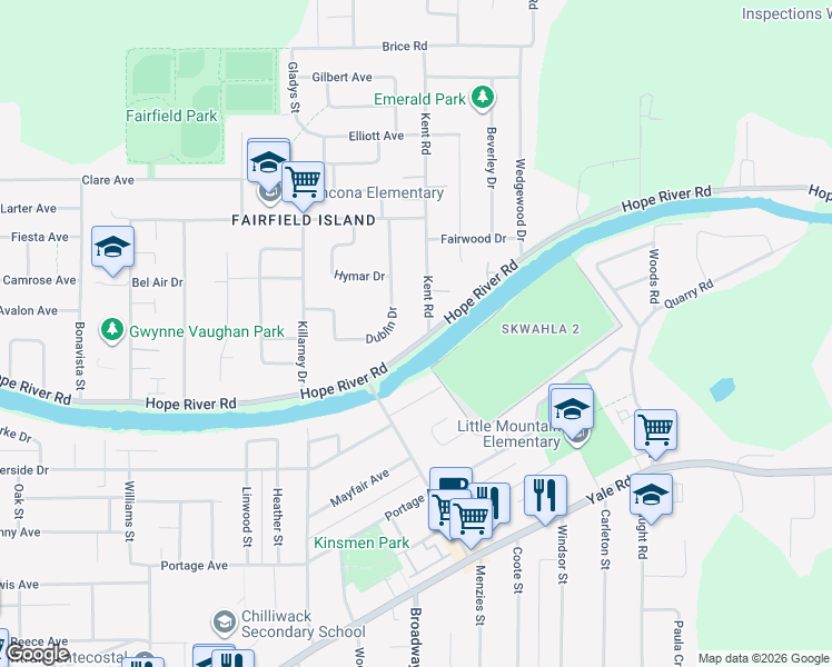 map of restaurants, bars, coffee shops, grocery stores, and more near 46585 Hope River Road in Chilliwack