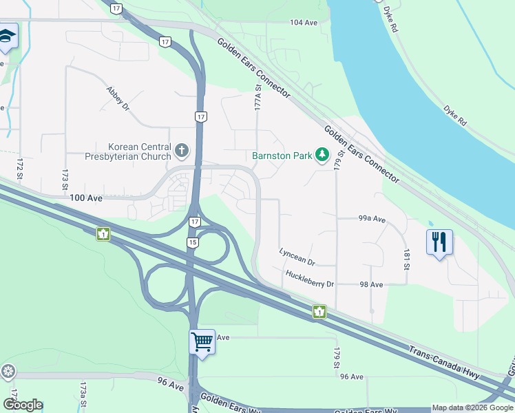 map of restaurants, bars, coffee shops, grocery stores, and more near 9983 Barnston Drive East in Surrey