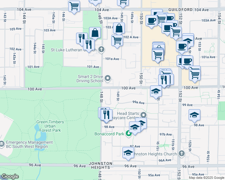 map of restaurants, bars, coffee shops, grocery stores, and more near 14850 100 Avenue in Surrey