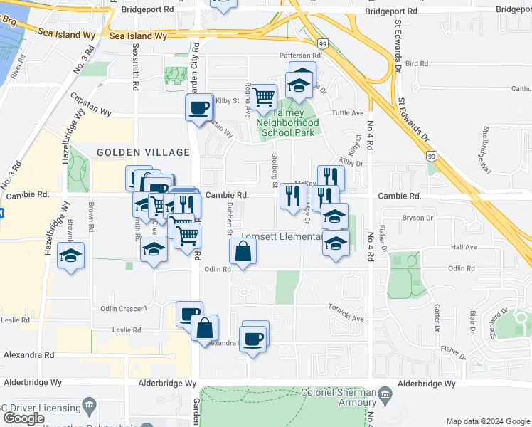 map of restaurants, bars, coffee shops, grocery stores, and more near 4099 Stolberg Street in Richmond