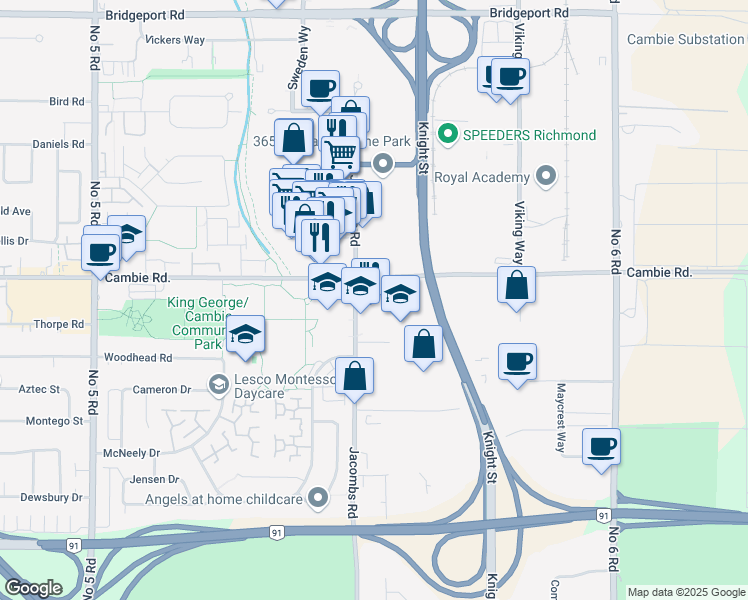 map of restaurants, bars, coffee shops, grocery stores, and more near in Richmond