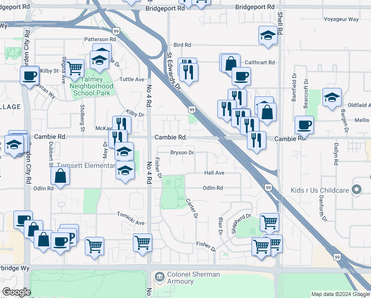 map of restaurants, bars, coffee shops, grocery stores, and more near 10199 Bryson Drive in Richmond