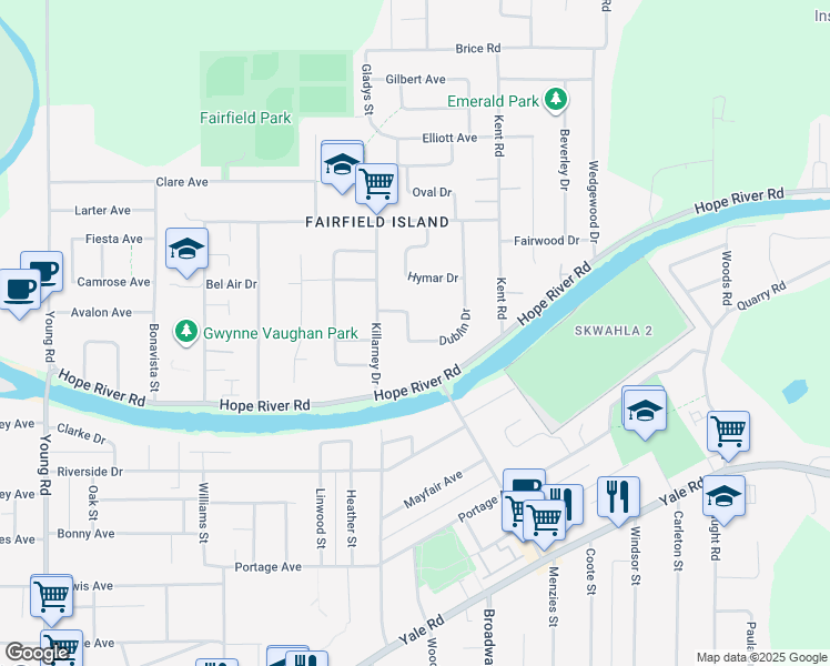 map of restaurants, bars, coffee shops, grocery stores, and more near 10025 Dublin Drive in Chilliwack
