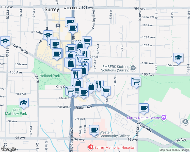 map of restaurants, bars, coffee shops, grocery stores, and more near 13750 100 Avenue in Surrey