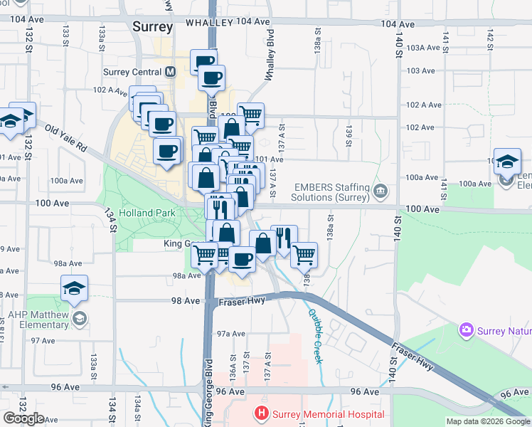map of restaurants, bars, coffee shops, grocery stores, and more near 13720 100 Avenue in Surrey