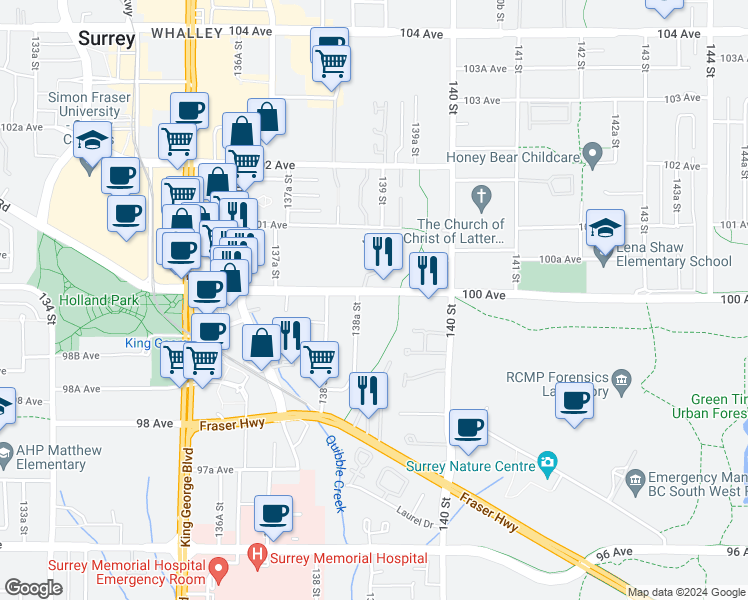 map of restaurants, bars, coffee shops, grocery stores, and more near 13884 100 Avenue in Surrey