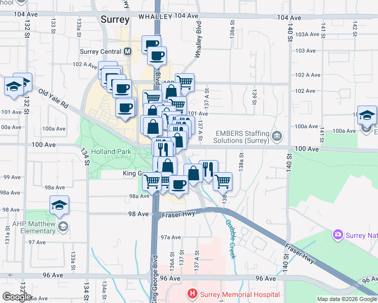 map of restaurants, bars, coffee shops, grocery stores, and more near 2503-13696 100 Avenue in Surrey