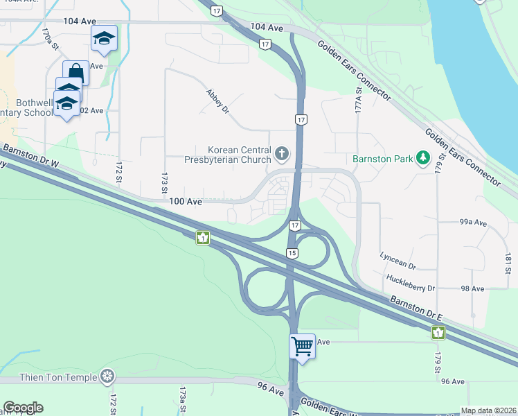 map of restaurants, bars, coffee shops, grocery stores, and more near 17538 100 Avenue in Surrey