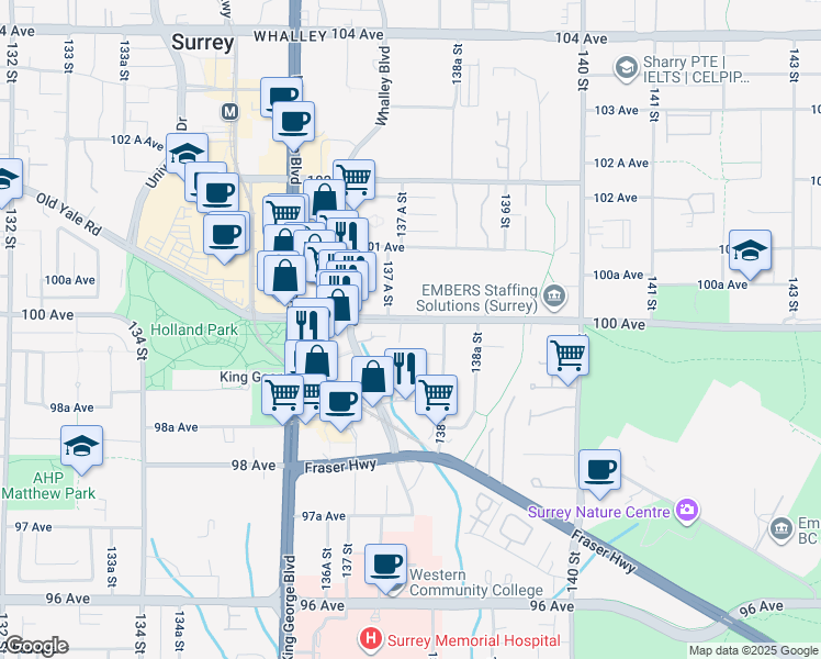 map of restaurants, bars, coffee shops, grocery stores, and more near in Surrey