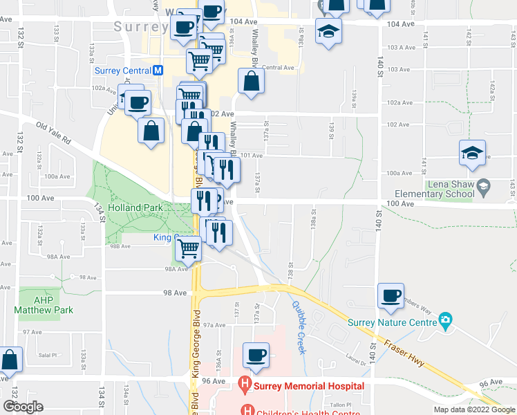 map of restaurants, bars, coffee shops, grocery stores, and more near in Surrey
