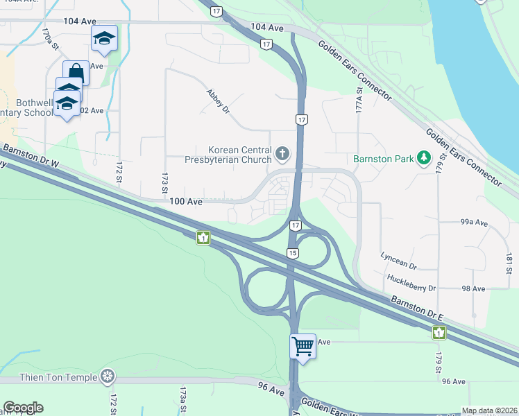 map of restaurants, bars, coffee shops, grocery stores, and more near in Surrey
