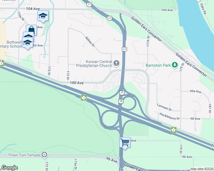 map of restaurants, bars, coffee shops, grocery stores, and more near in Surrey