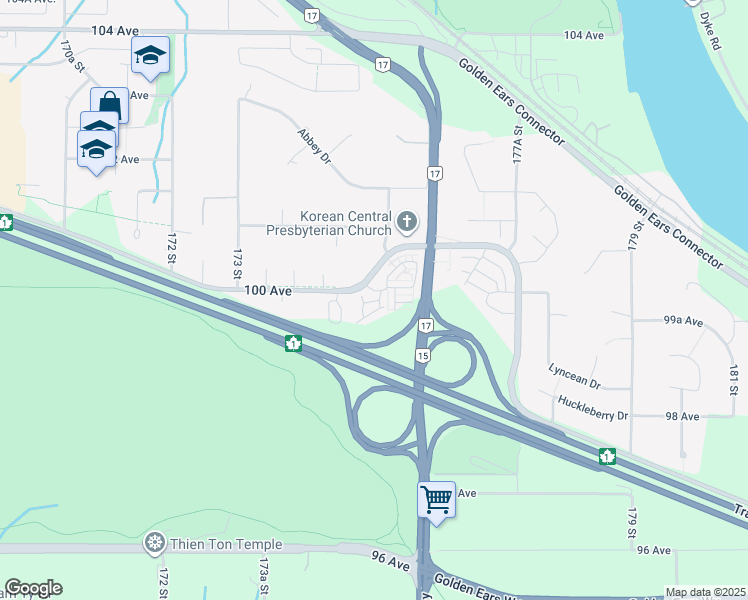 map of restaurants, bars, coffee shops, grocery stores, and more near 17538 100 Avenue in Surrey