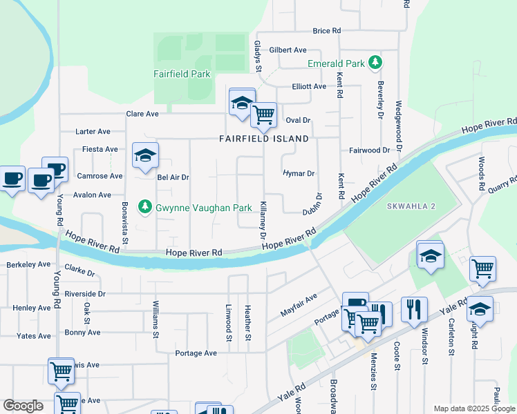 map of restaurants, bars, coffee shops, grocery stores, and more near 10011 Killarney Drive in Chilliwack