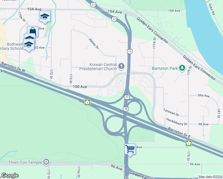 map of restaurants, bars, coffee shops, grocery stores, and more near 17538 100 Avenue in Surrey