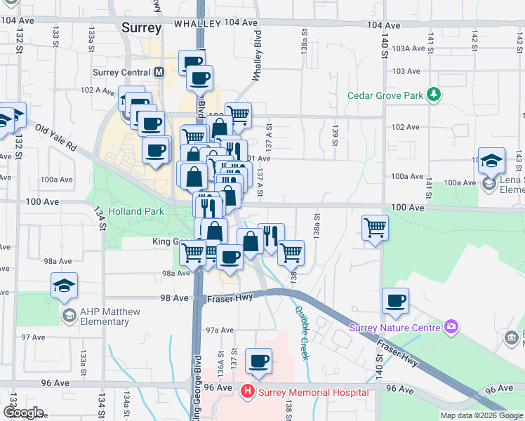 map of restaurants, bars, coffee shops, grocery stores, and more near 13750 100 Avenue in Surrey