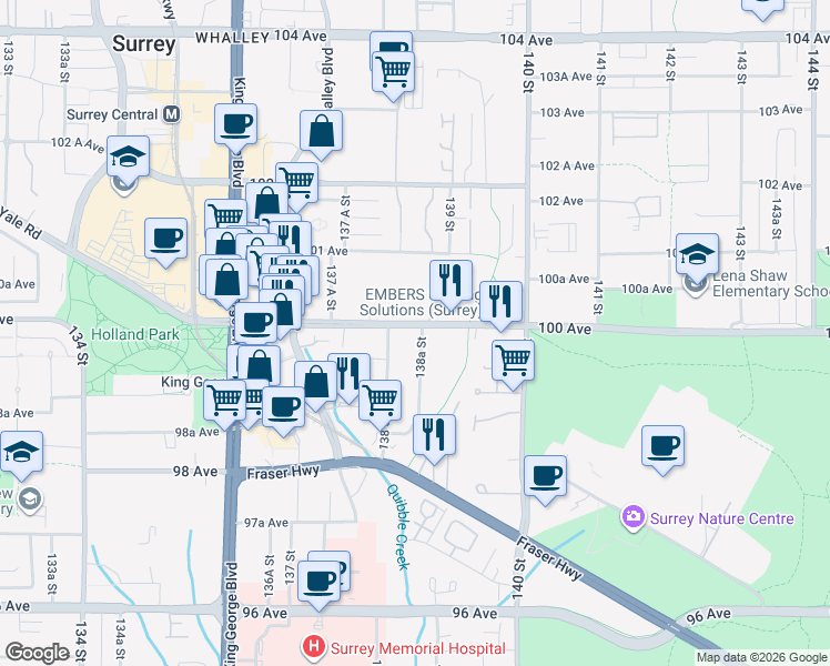 map of restaurants, bars, coffee shops, grocery stores, and more near 9985 138A Street in Surrey